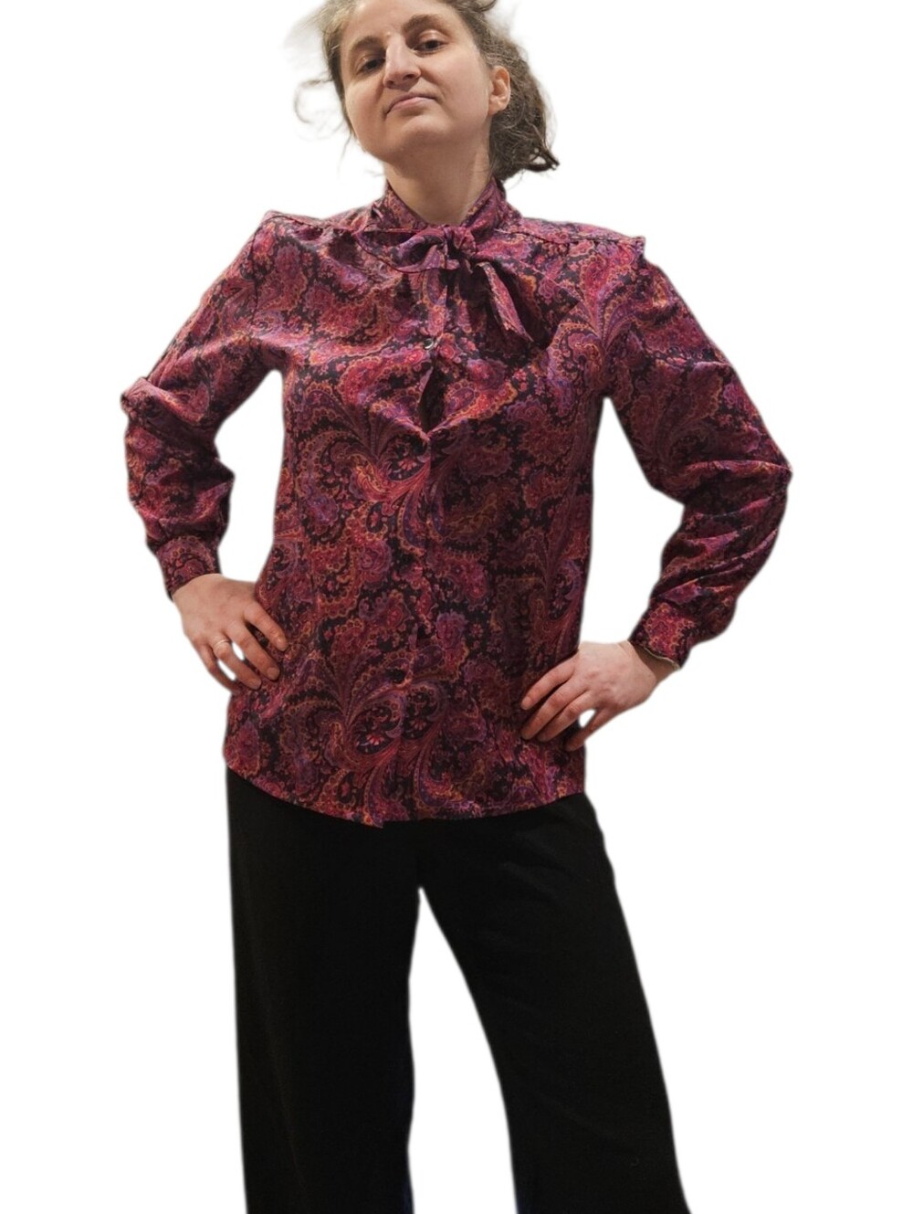 Vintage Act III Paisley Tie Neck Pussybow Blouse Pink Purple Size 12 Made in USA